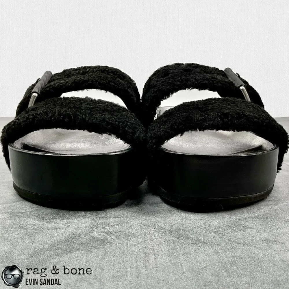 RAG & BONE EVIN GENUINE SHEARLING PLATFORM SLIDE SANDAL IN BLACK US SIZE 6 EU 36